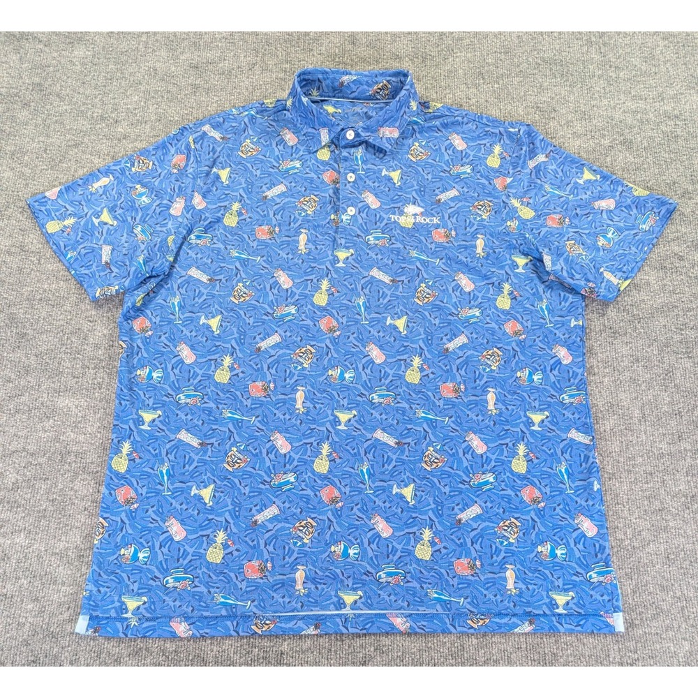Johnnie-O Luau Polo Shirt XL Blue Tropical Cocktail Pineapple Top of the Rock